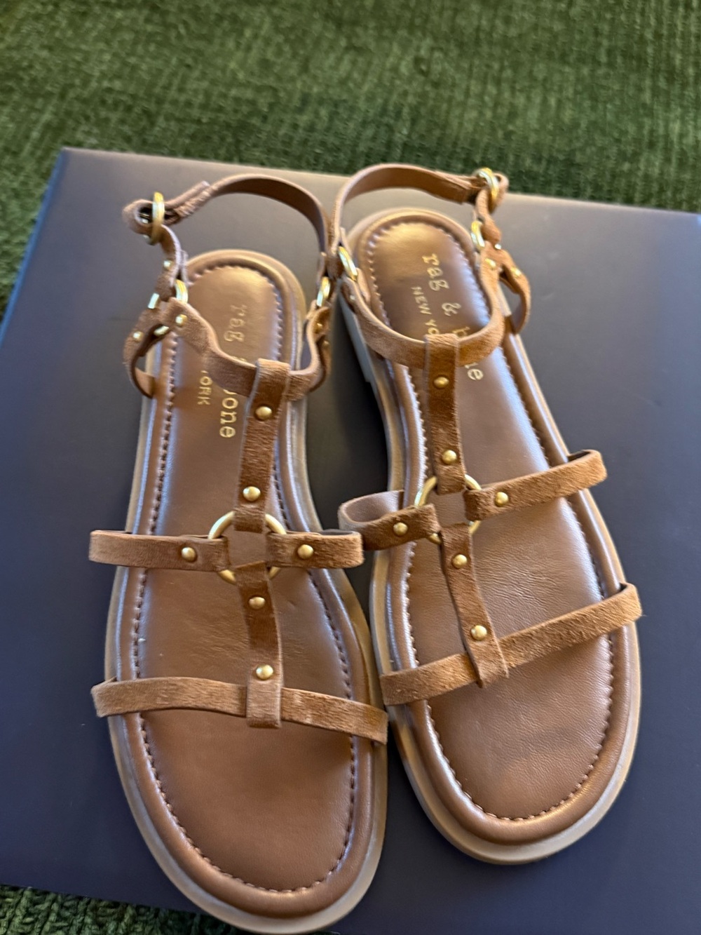 rag & bone Brown Suede Studded T-Strap Sandals